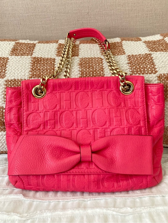 Carolina Herrera Handbags - Carolina Herrera Hot Pink Leather Bow Shoulder Bag with Gold Chain